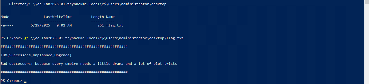Listing and reading flag.txt from the Administrator desktop on the domain controller over SMB