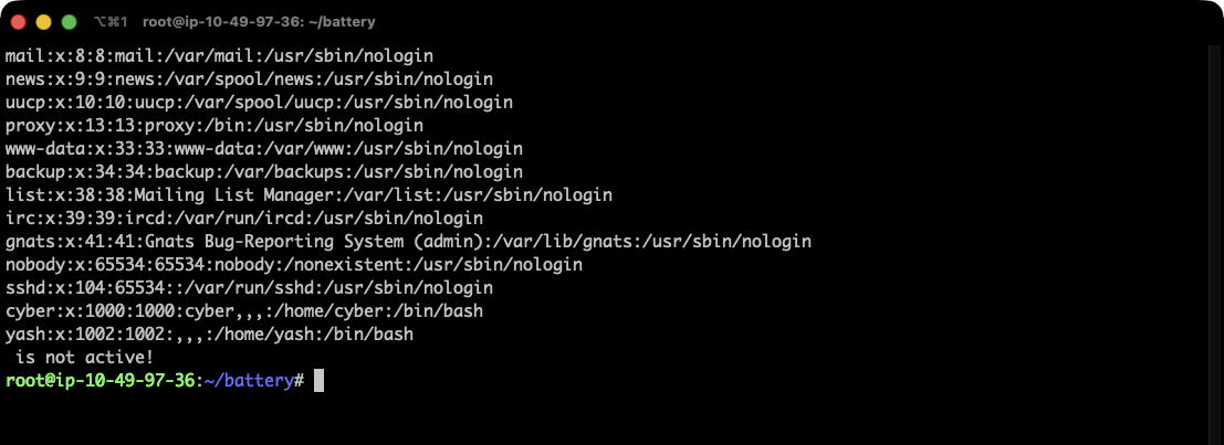 Terminal showing the XXE response rendering /etc/passwd, ending with the cyber and yash accounts both having /bin/bash shells