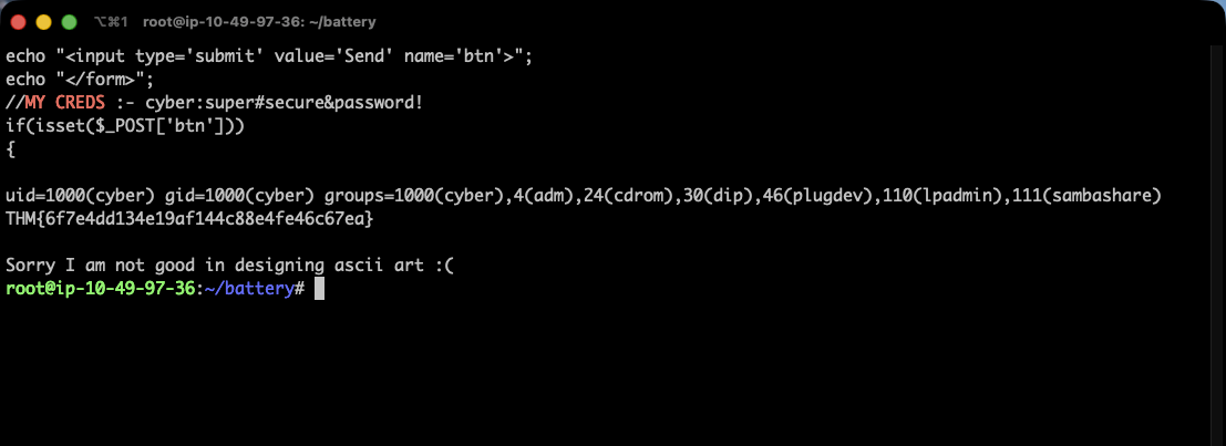 Terminal showing the acc.php source with the comment reading MY CREDS :- cyber:super#secure&password!, followed by an SSH session as uid=1000 cyber printing the base flag