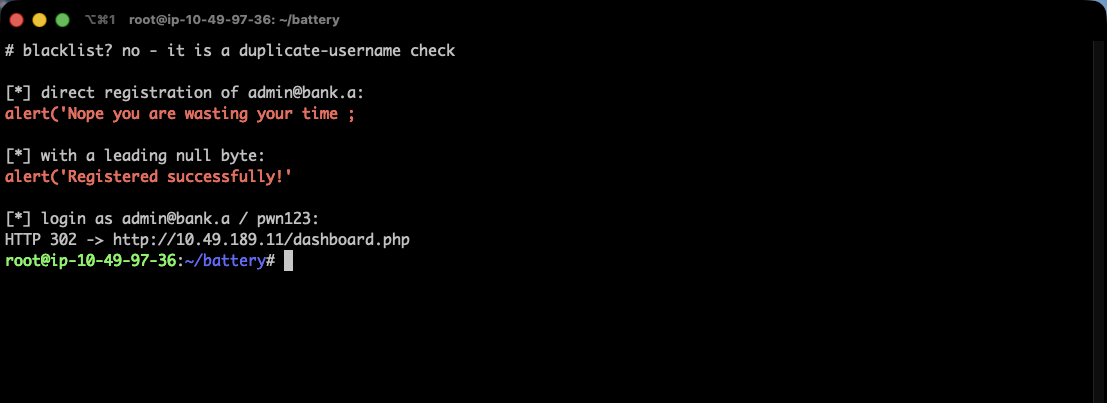 Terminal showing direct registration of admin@bank.a rejected, the same registration with a %00 prefix succeeding, and a subsequent login as admin@bank.a returning HTTP 302 to dashboard.php
