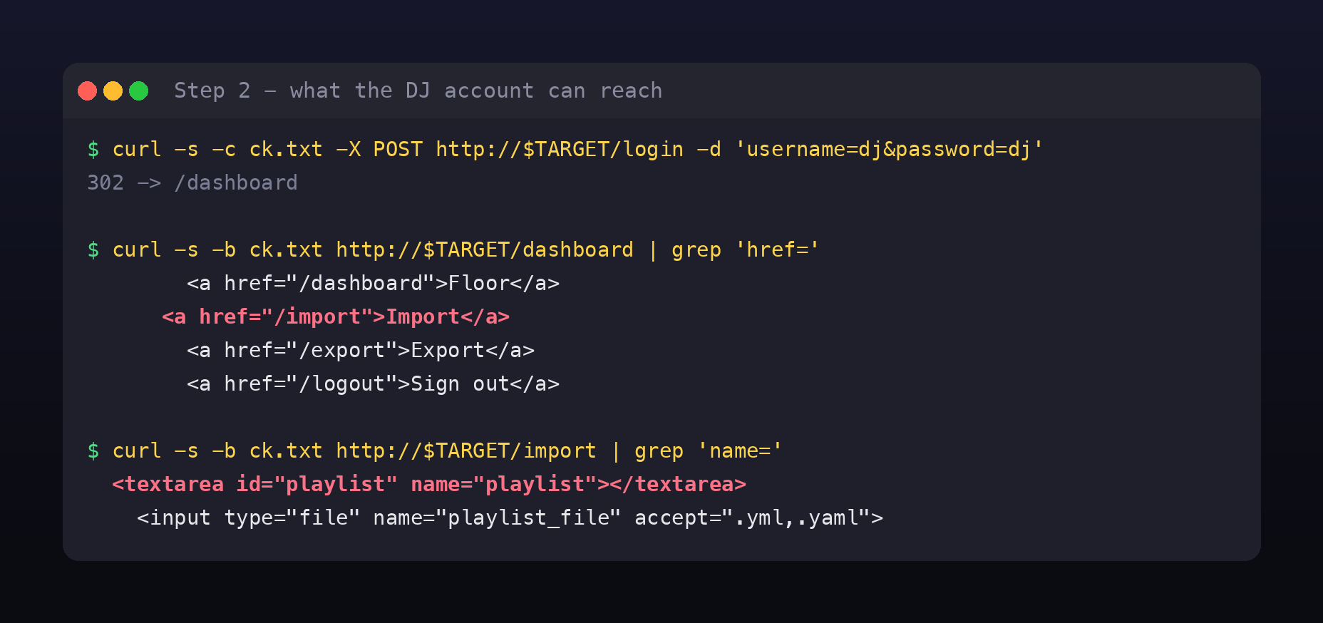 Login returning 302 to dashboard, the nav bar showing Floor, Import, Export and Sign out, and the import form exposing a textarea named playlist and a file input accepting .yml and .yaml