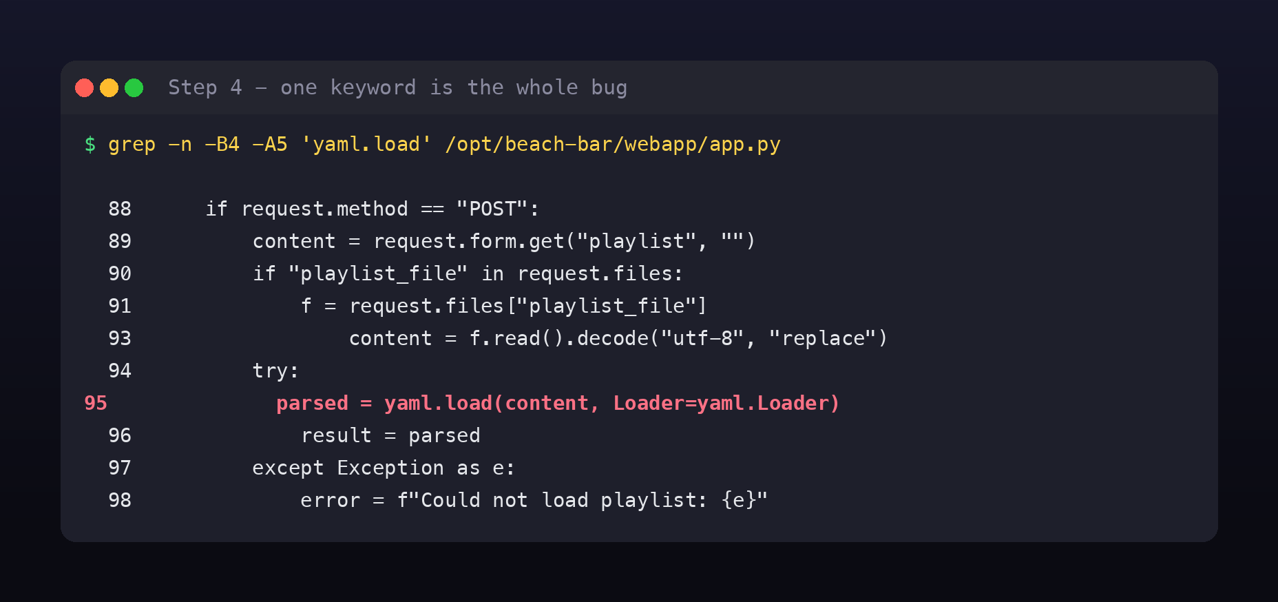 grep of app.py showing line 95, parsed equals yaml.load with Loader set to yaml.Loader, wrapped in a try except that reports the parse error