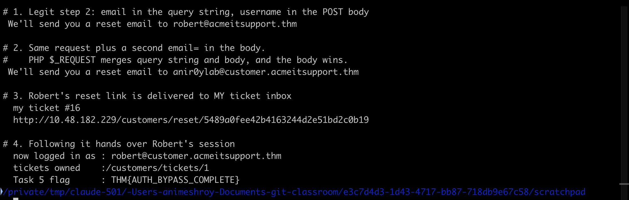 Password reset parameter pollution: the confirmation switches to the attacker address, Robert&rsquo;s reset link lands as a support ticket, and following it hands over his session