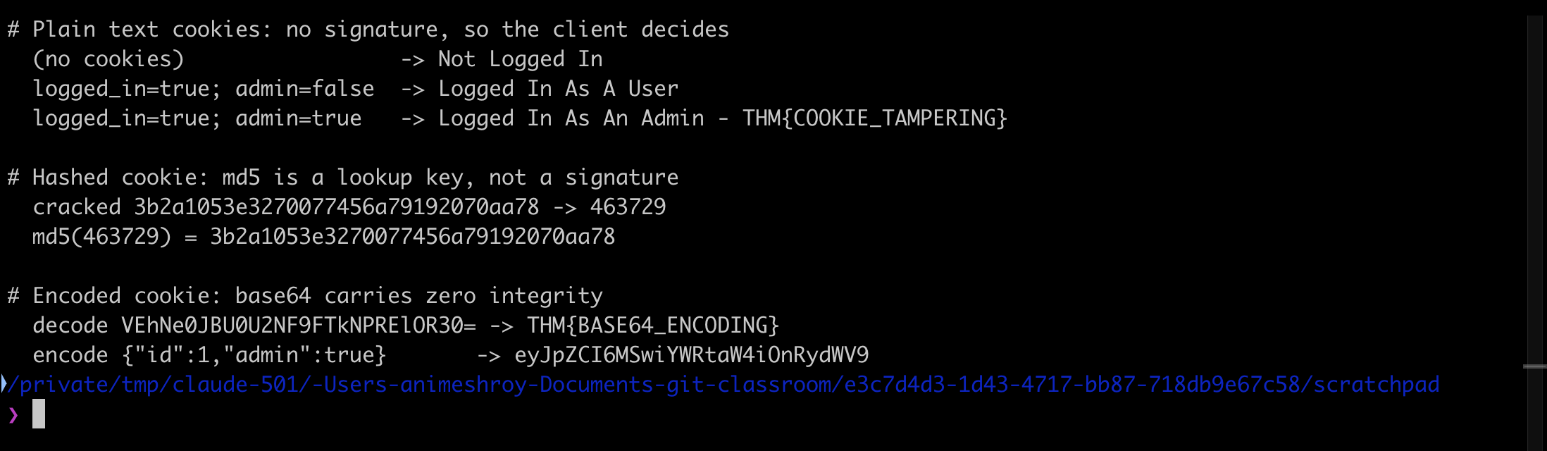 Cookie manipulation evidence: plain text cookies escalating to admin, the cracked md5 value, and base64 decode and encode