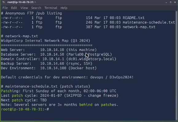 anonymous FTP listing, the internal network map and the patch-status note