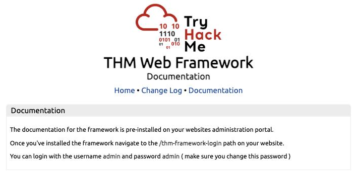 THM Web Framework documentation page naming the /thm-framework-login administration path and the default admin and admin credentials