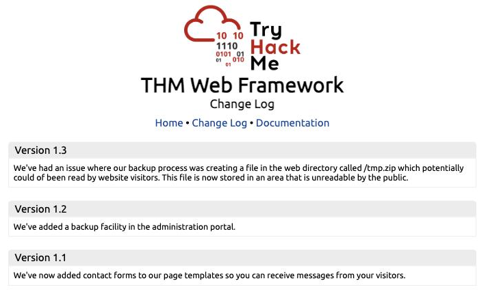THM Web Framework change log showing version 1.3 fixing a /tmp.zip backup file left readable in the web directory, on a target still running version 1.2