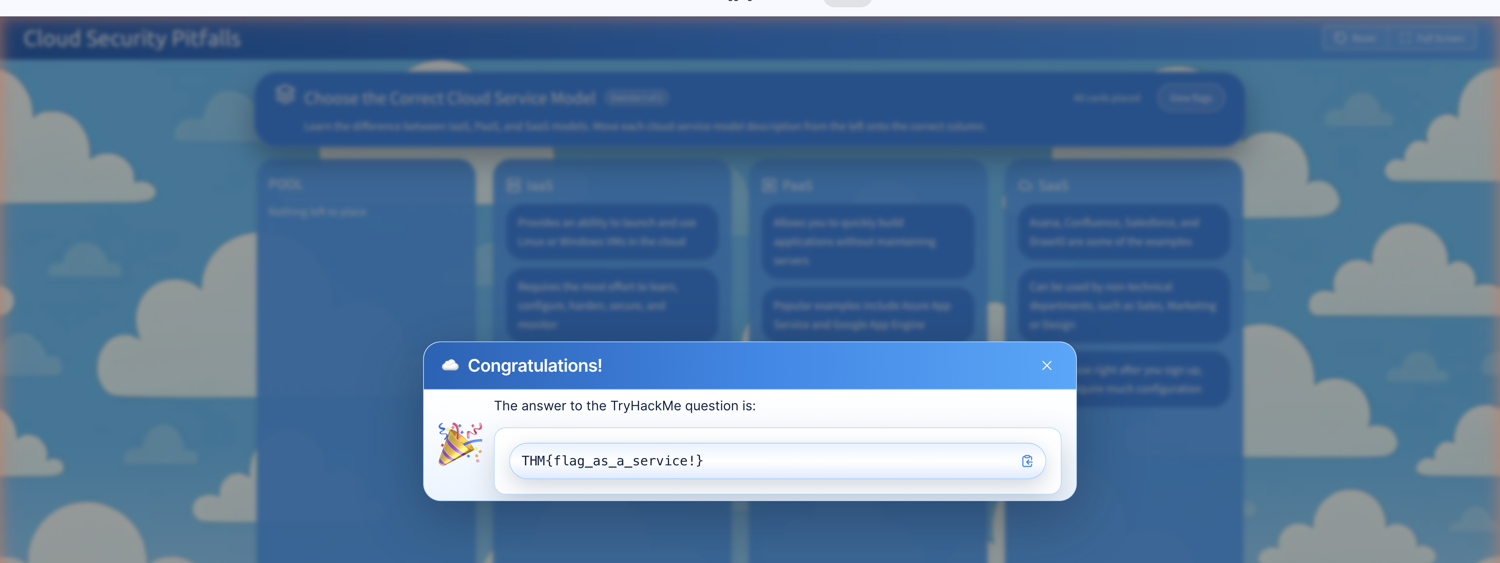 The IaaS/PaaS/SaaS sorting exercise completed, with the first flag revealed