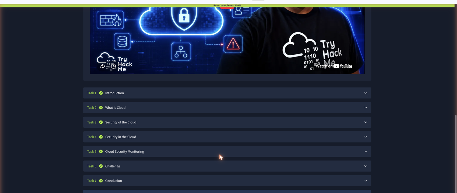 TryHackMe Cloud Security Pitfalls at 100%, all seven tasks complete