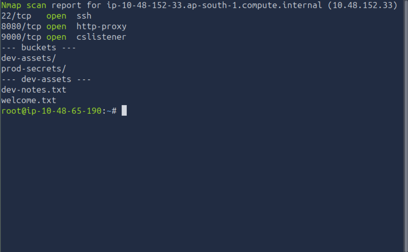 nmap scan showing ports 22, 8080, 9000 and the two buckets dev-assets and prod-secrets