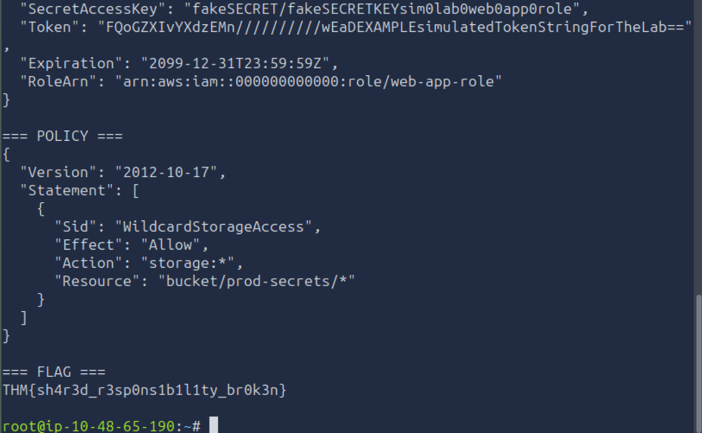 IAM policy showing Effect Allow with Action storage:* on bucket prod-secrets, and the final flag