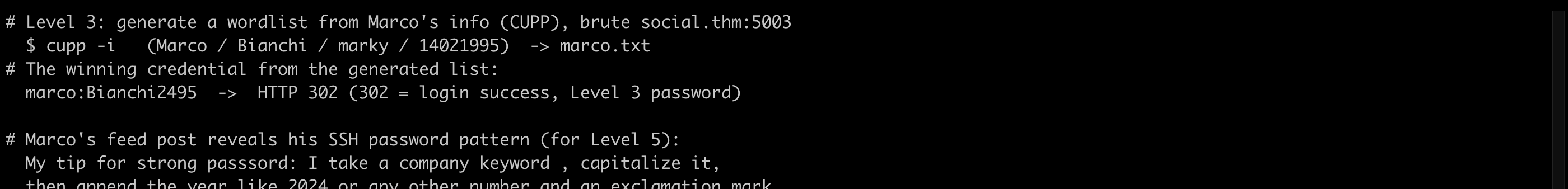 CUPP generates the wordlist, Bianchi2495 logs into social.thm, and the feed reveals the SSH pattern
