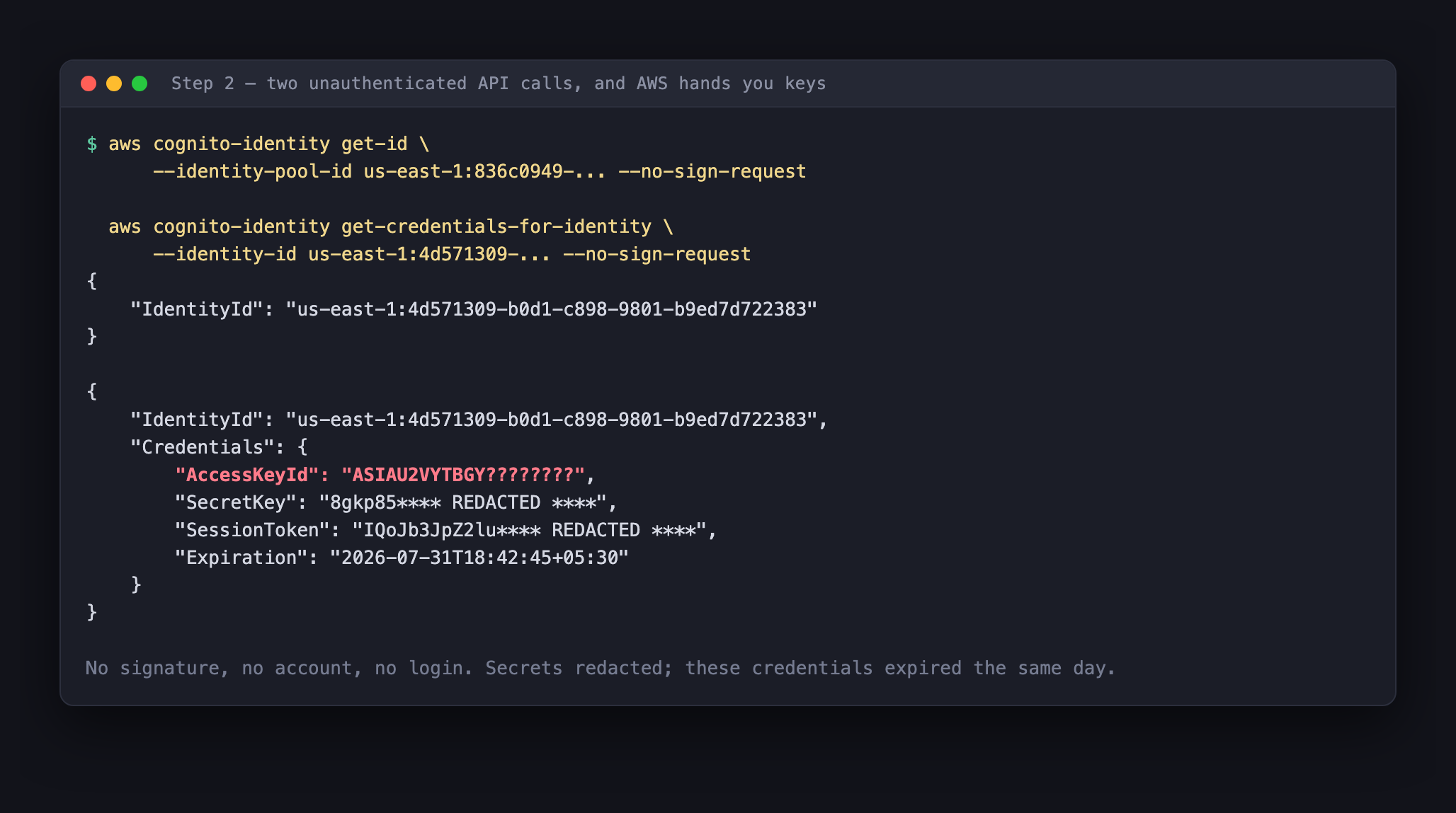 Output of get-id returning an IdentityId, and get-credentials-for-identity returning an AccessKeyId, SecretKey, SessionToken and Expiration