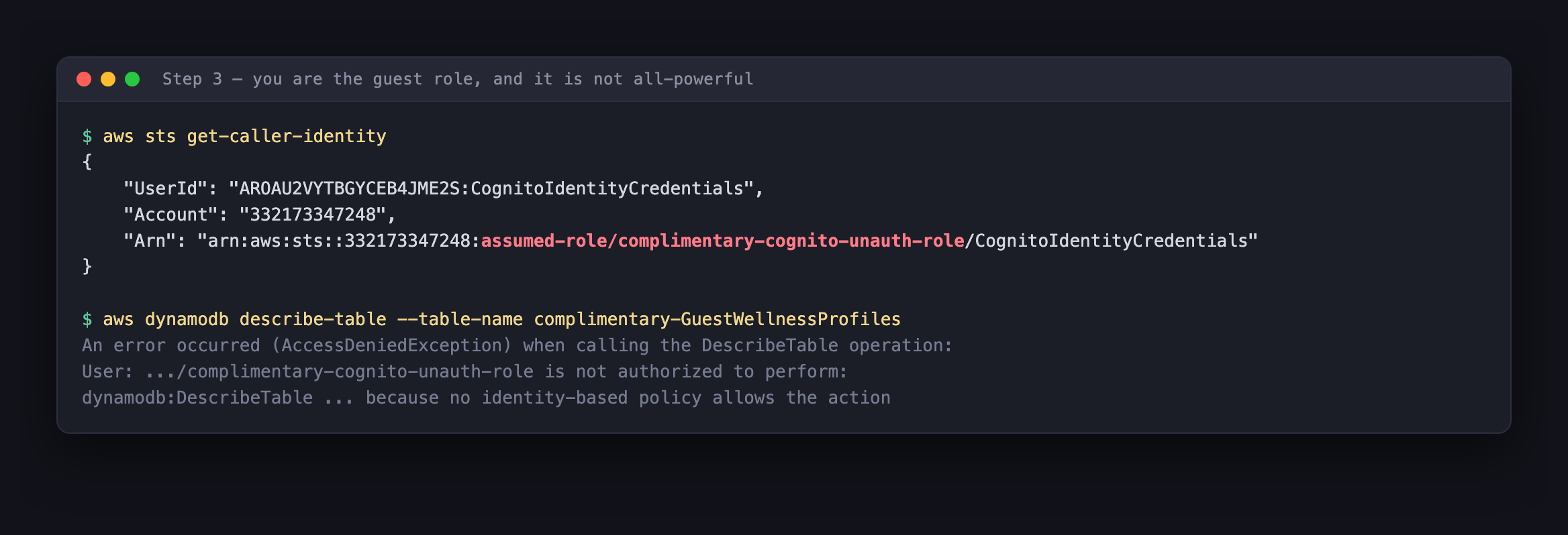 sts get-caller-identity showing the assumed-role ARN complimentary-cognito-unauth-role, and a DescribeTable call being denied
