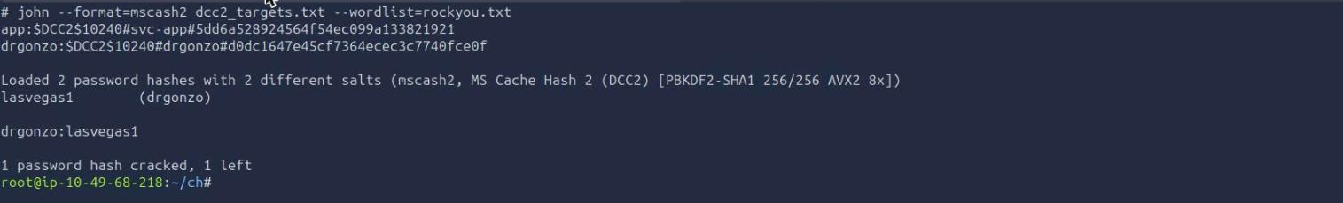 John the Ripper cracking the drgonzo DCC2 hash in mscash2 format and revealing the password lasvegas1