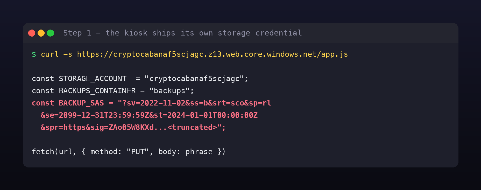 app.js showing STORAGE_ACCOUNT, BACKUPS_CONTAINER and a hardcoded BACKUP_SAS query string with sv, ss, srt, sp, se and sig parameters