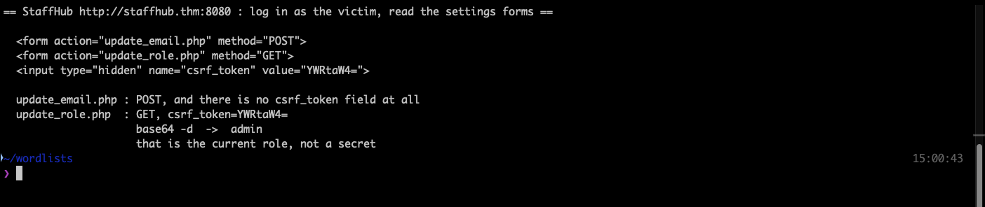 Terminal output showing the StaffHub settings page contains a POST form for update_email.php with no csrf_token field and a GET form for update_role.php whose csrf_token value YWRtaW4 decodes to admin
