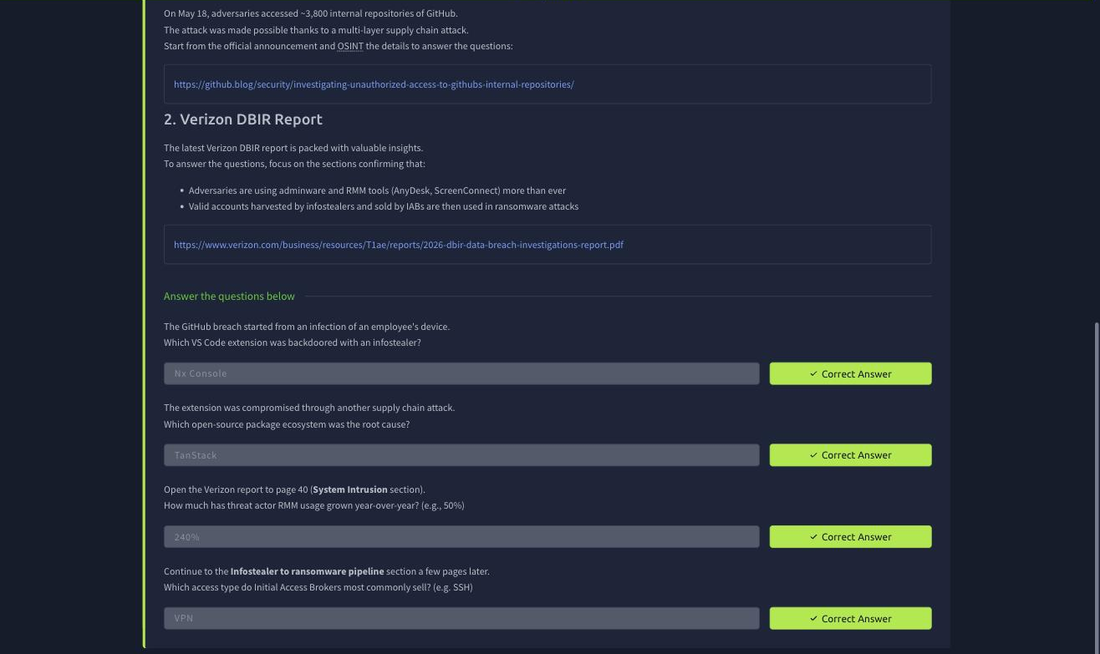 The Task 7 research challenge with all four answers accepted: Nx Console, TanStack, 240 percent, and VPN