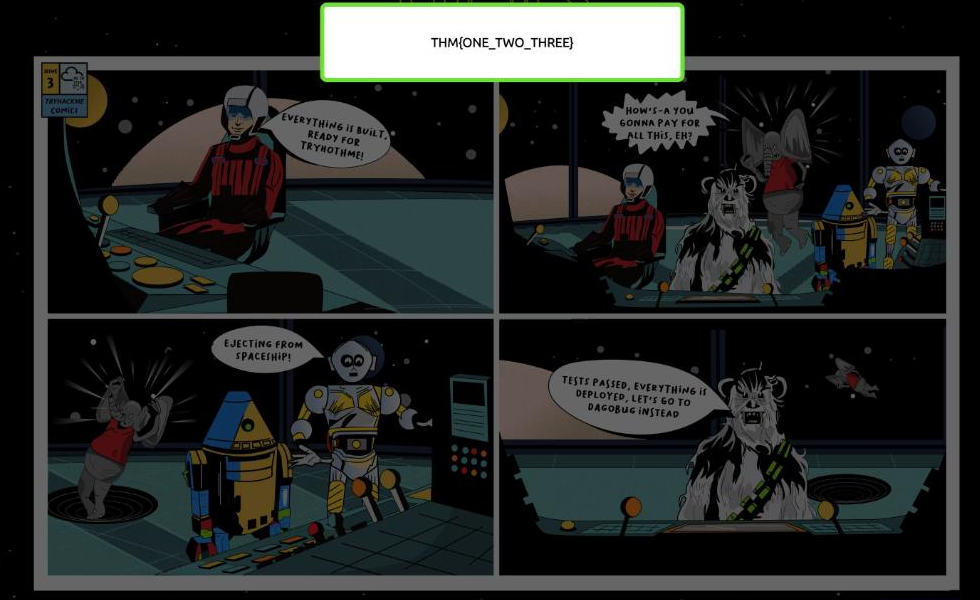TryHackMe Comics comic 3 panel with the unlocked flag THM{ONE_TWO_THREE} shown above it
