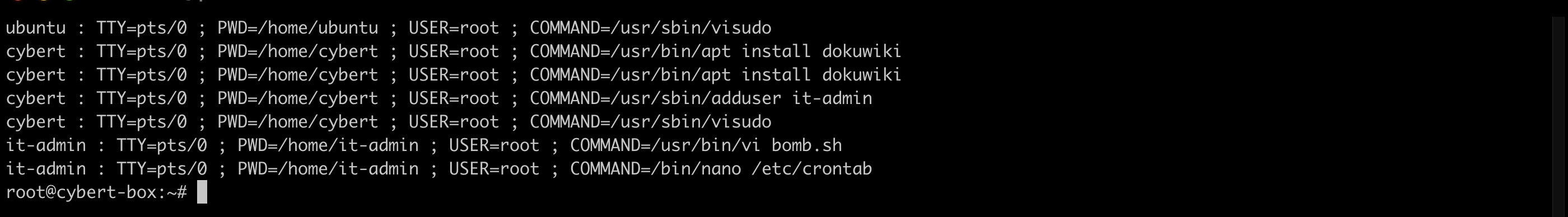 Privileged sudo COMMAND history from auth.log on the Disgruntled machine