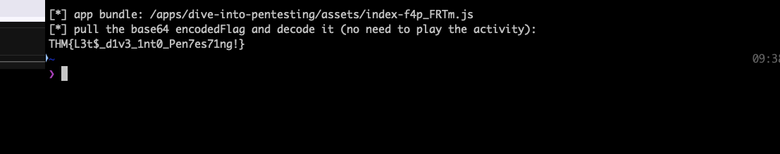 Terminal showing the dive-into-pentesting app JS bundle path, then a curl piped to grep and base64 -d that prints the flag THM{L3t$_d1v3_1nt0_Pen7es71ng!} without playing the activity