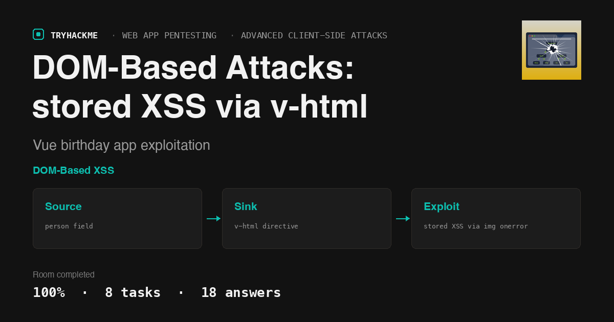 TryHackMe DOM-Based Attacks: stored XSS via Vue v-html exploitation