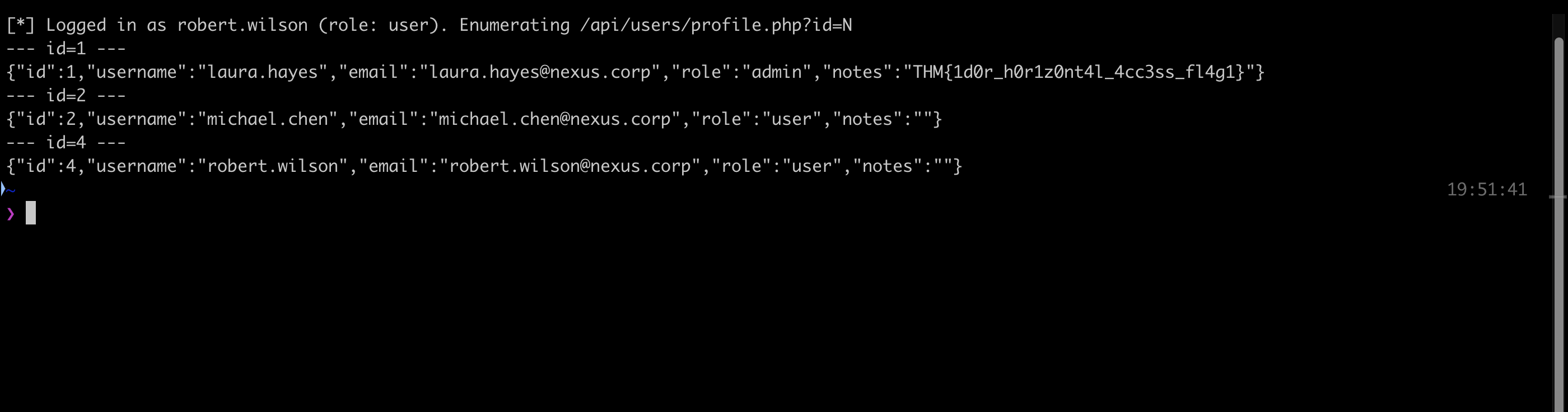 IDOR enumeration of profile.php returning laura.hayes admin notes with flag one