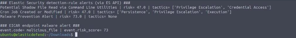 Elastic Security detection-rule alerts and the EICAR endpoint alert, read straight from the Elasticsearch alert indices
