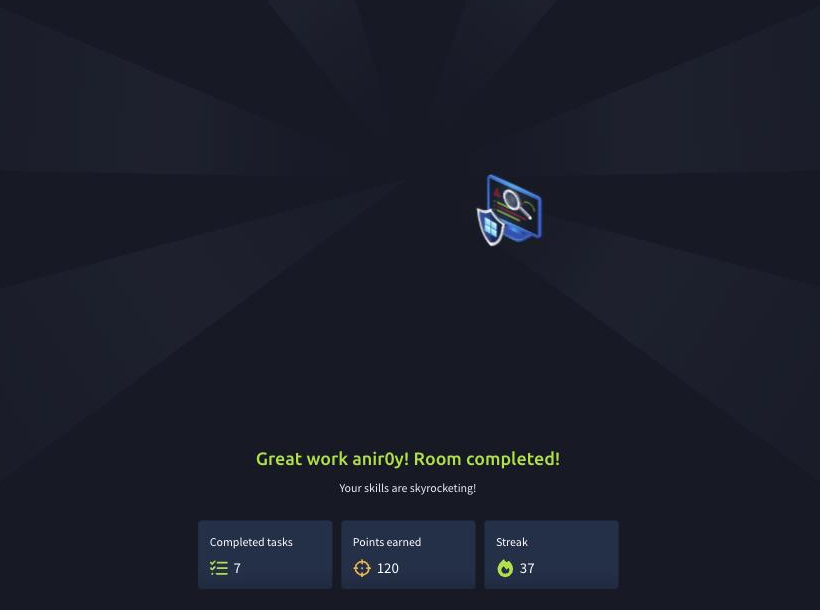 Elastic: Using Elastic Defend room completed on TryHackMe, all seven tasks done and 120 points earned