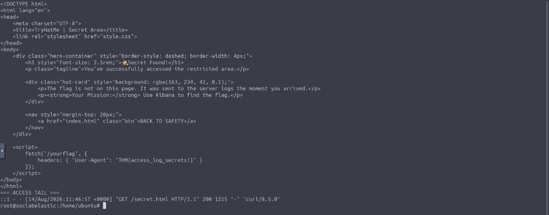 The /secret.html source in the VM terminal, showing a script that fetches /yourflag with the flag set as the User-Agent, plus the matching access-log line