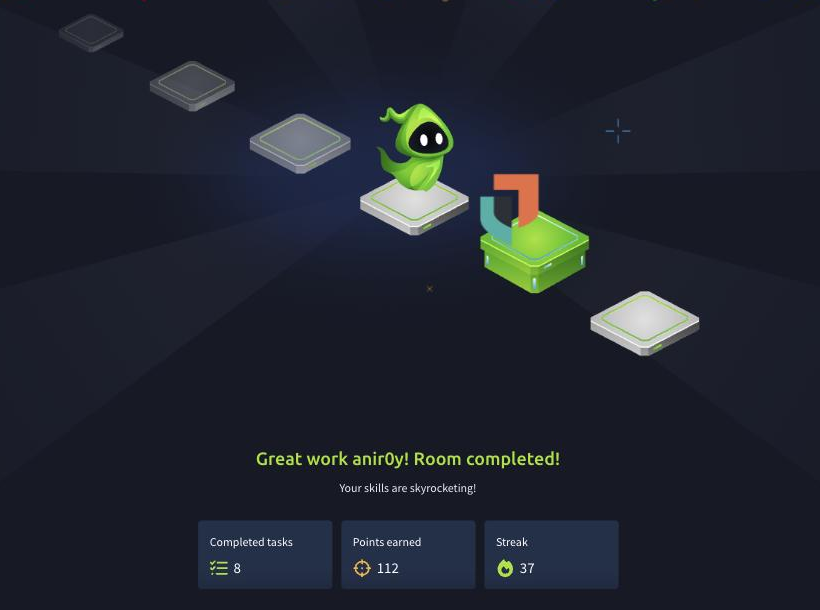 Elastic SOC Lab room completed on TryHackMe, all eight tasks done and 112 points earned