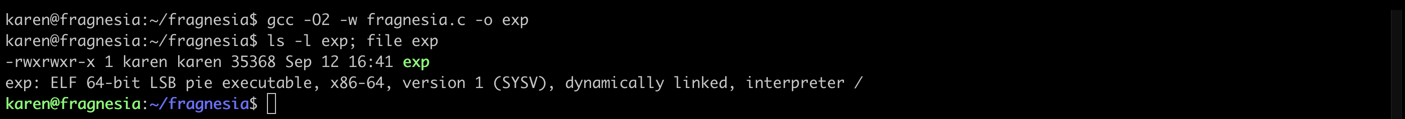 Terminal showing gcc compiling fragnesia.c to exp with no errors, then ls and file confirming a 35368-byte ELF 64-bit executable